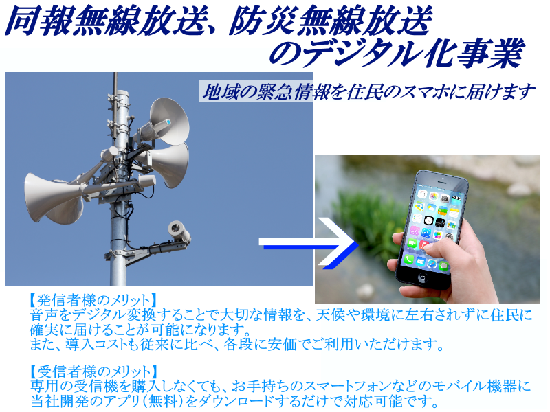 戸別受信機が無くてもOK!同報無線、防災無線のデジタル化、スマホ対応事業
