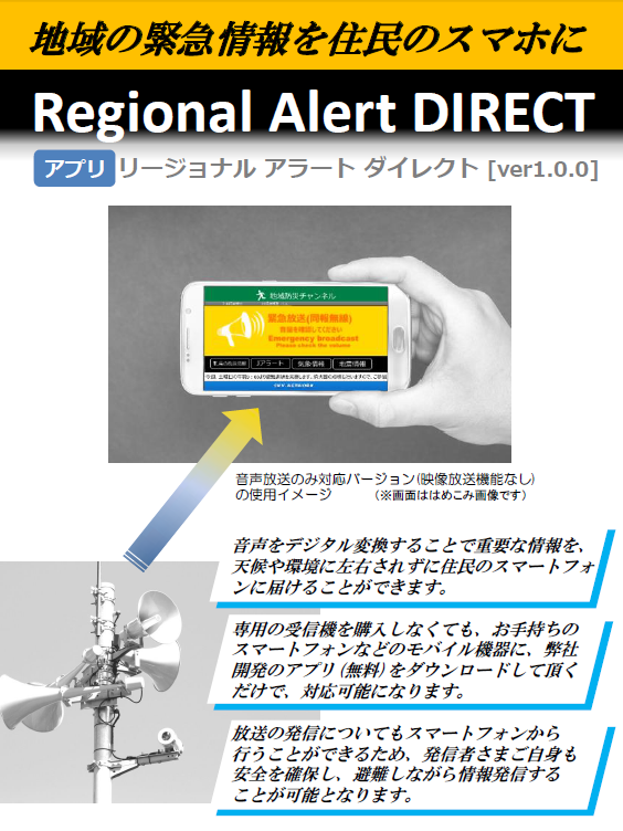 戸別受信機が無くてもOK！同報無線放送、防災無線放送を住民のスマホに-同報無線、防災無線のデジタル対応をお手伝いします-：地域防災、危機管理ご担当者さま ＜静岡県版＞
地域の緊急情報を住民のスマホに
Regional Alert DIRECT
リージョナル アラート ダイレクト [ver1.0.0]
アプリ
音声放送のみ対応バージョン(映像放送機能なし)
の使用イメージ （※画面ははめこみ画像です）
音声をデジタル変換することで重要な情報を、
天候や環境に左右されずに住民のスマートフォ
ンに届けることができます。
専用の受信機を購入しなくても、お手持ちの
スマートフォンなどのモバイル機器に、弊社
開発のアプリ(無料)をダウンロードして頂く
だけで、対応可能になります。
放送の発信についてもスマートフォンから
行うことができるため、発信者さまご自身も
安全を確保し、避難しながら情報発信する
ことが可能となります。